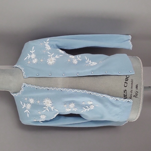 Sweaters - Vintage Pastel Blue Beaded Wool Cardigan.